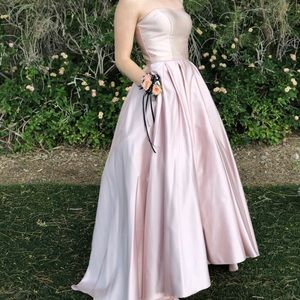 Soft pink, ballgown style strapless prom dress